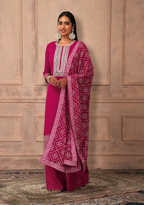 Rani Pink Zari Embroidered Kurta Set With Palazzo Pants And Dupatta