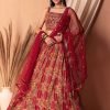 Red Abstract Print And Embroidered Lehenga Set With Blouse And Dupatta
