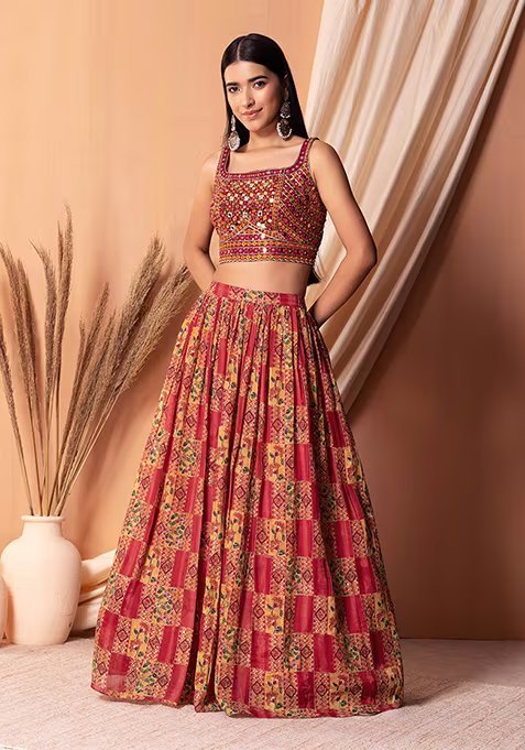 Red Abstract Print And Embroidered Lehenga Set With Blouse And Dupatta