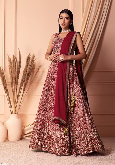 Red Abstract Print Lehenga Set With Blouse And Dupatta