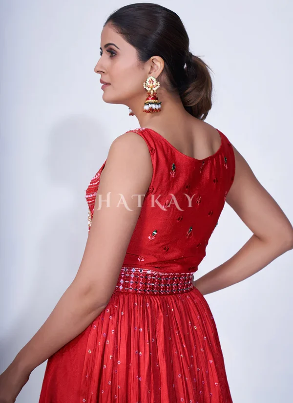 Red Mirror Work Multi Embroidery Chiffon Palazzo Suit