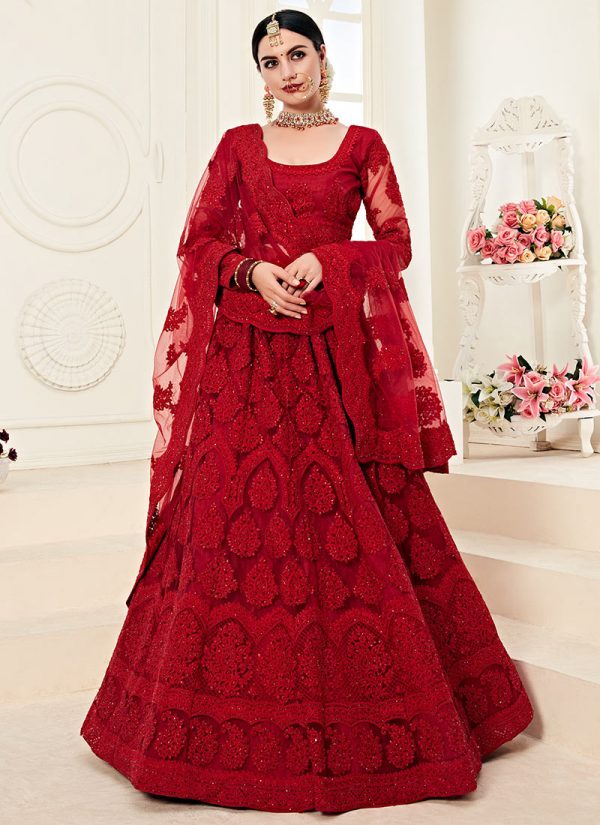 Red Net A Line Lehenga Wedding Wear