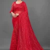 Red Net Silk Lace Saree Party Wear