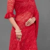 Red Net Silk Lace Saree Party Wear