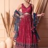Red Sequin Embroidered Printed Lehenga Set With Blouse And Contrast Dupatta