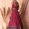 Red Sequin Embroidered Printed Lehenga Set With Blouse And Contrast Dupatta