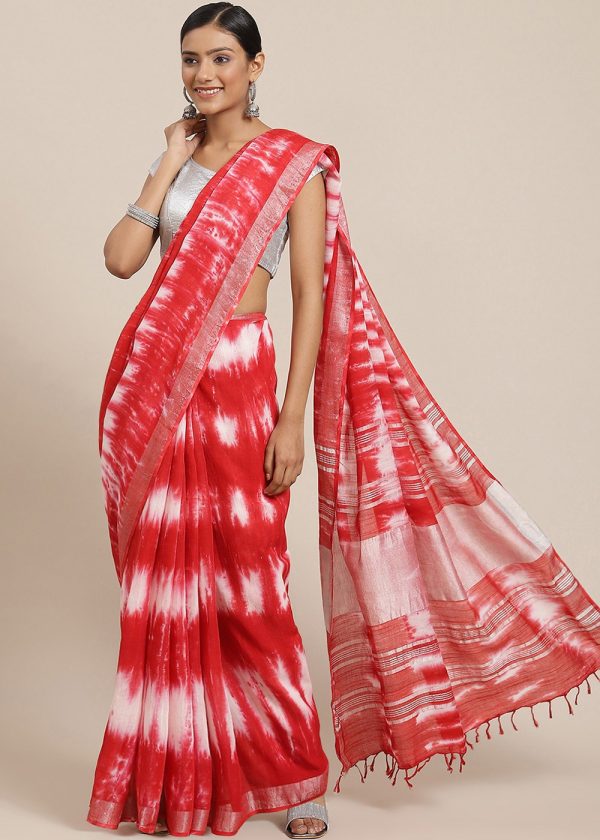 Red Tie Dye Printed Saree In Cotton 1
