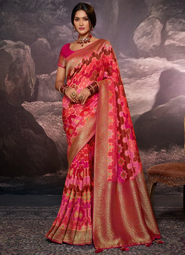 Red Weaved And Printed Traditional Jacquard Silk Saree