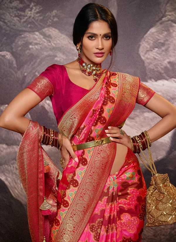 Red Weaved And Printed Traditional Jacquard Silk Saree