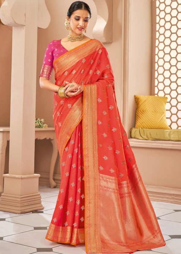 Red Woven Saree In Cotton 1