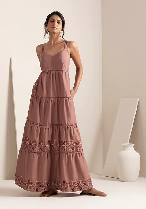 Rose Pink Embroidered Tiered Maxi Dress