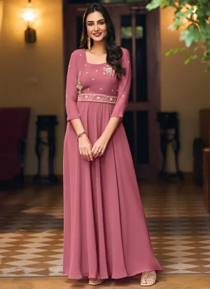 Rose Pink Minimalist Embroidery Flared Gown With Belt