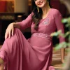 Rose Pink Minimalist Embroidery Flared Gown With Belt