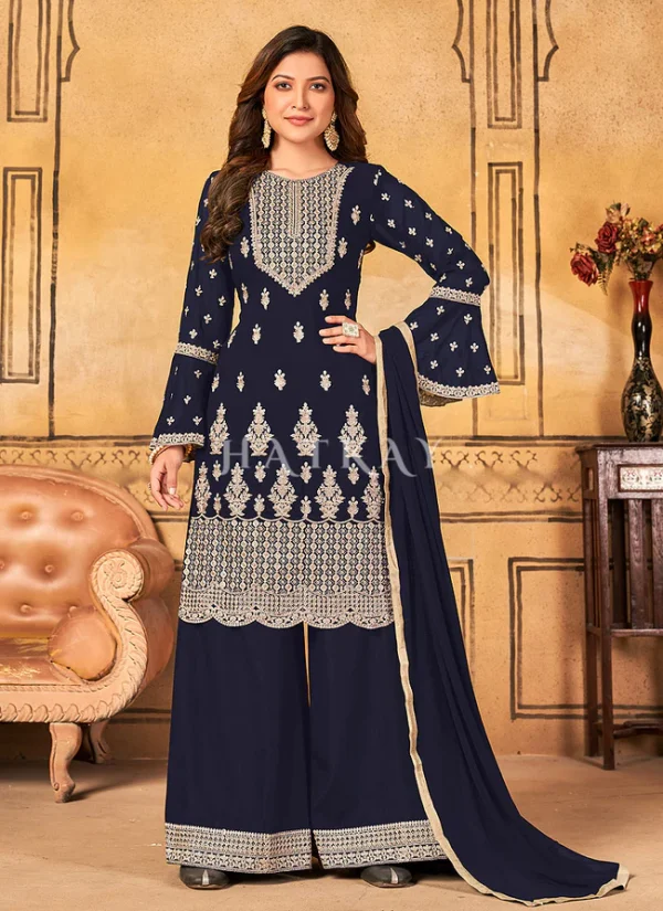 Royal Blue Georgette Embroidery Traditional Palazzo Suit