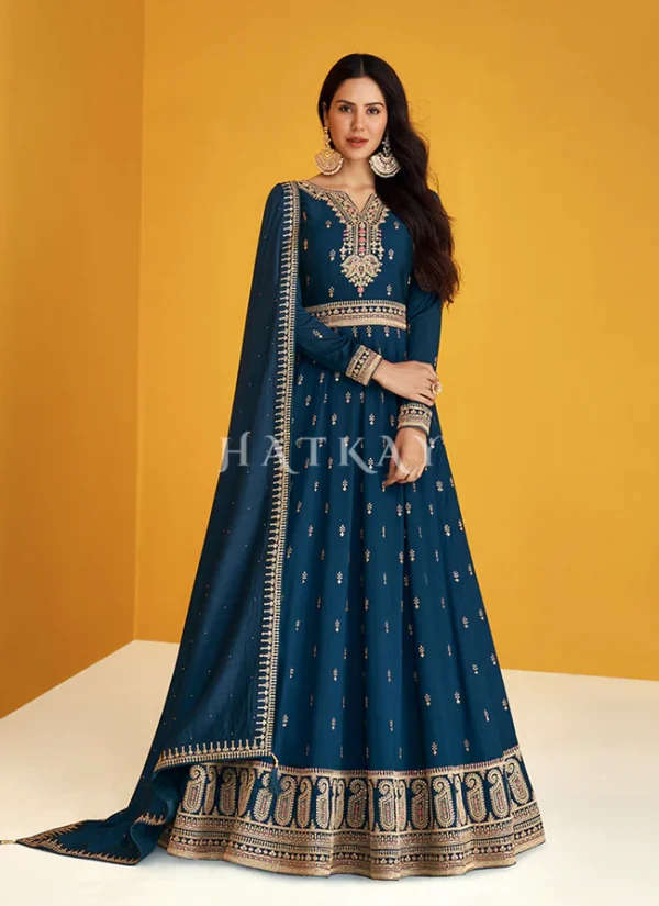 Royal Blue Embroidered Silk Traditional Anarkali Suit