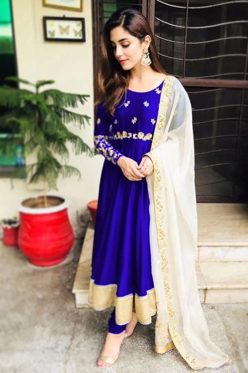 Royal Blue Taffeta Silk Anarkali Suit With Zari Work