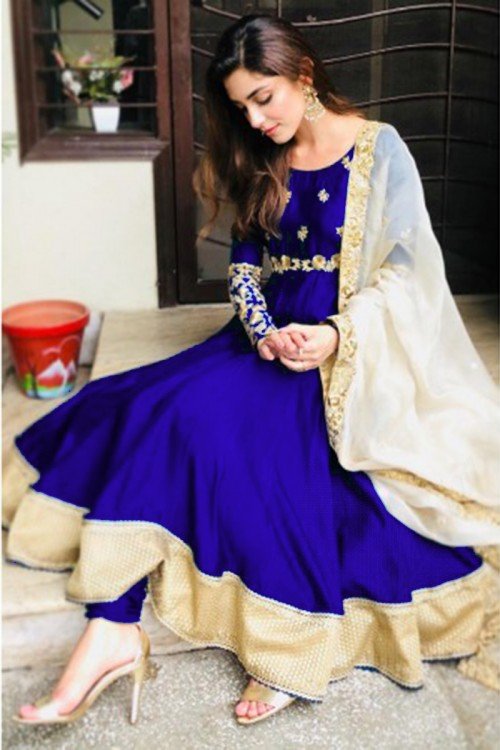 Royal Blue Taffeta Silk Anarkali Suit With Zari Work 1