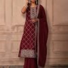 Ruby Red Lurex Embroidered Kurta Set With Palazzo Pants And Dupatta