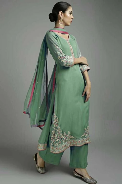 Sage Green Crepe Straight Suit With Trouser