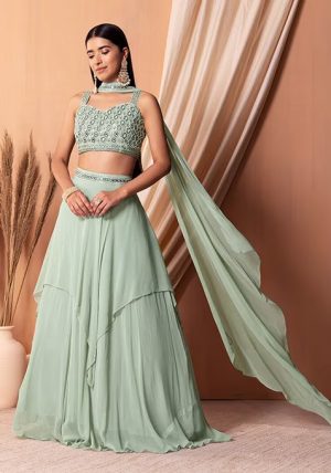 Sage Green Embroidered Lehenga Set With Strappy Blouse And Dupatta