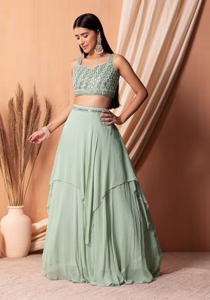 Sage Green Embroidered Lehenga Set With Strappy Blouse And Dupatta