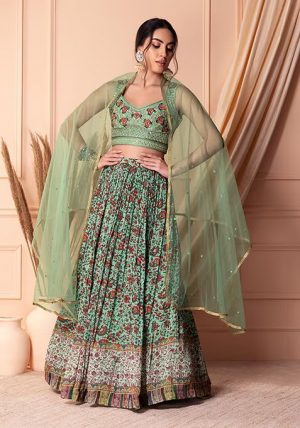 Sage Green Floral Print And Embroidered Lehenga Set With Blouse And Dupatta
