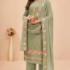 Sage Green Georgette Embroidered Straight Cut Suit 1
