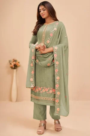 Sage Green Georgette Embroidered Straight Cut Suit 1