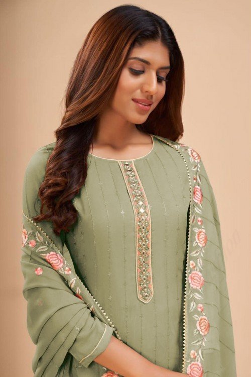 Sage Green Georgette Embroidered Straight Cut Suit