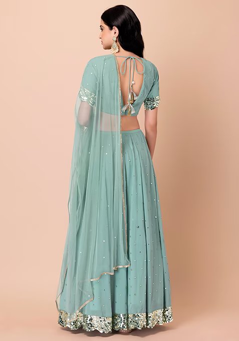 Sage Green Mirror Boota Embroidered Lehenga Set With Blouse And Dupatta