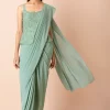 Sage Green Mirror Embroidered Peplum Pre-Stitched Saree with Attached Blouse