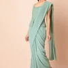 Sage Green Mirror Embroidered Peplum Pre-Stitched Saree with Attached Blouse