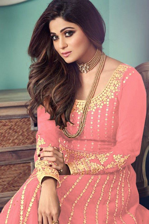 Salmon Pink Georgette Embroidered Anarkali Suit 1