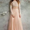 Satin Peach Wedding Wear Anarkali Suit With Lehenga 1