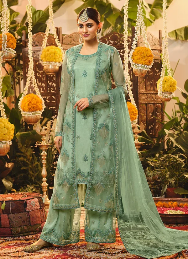 Sea Green Embroidered Jacket Style Palazzo Suit