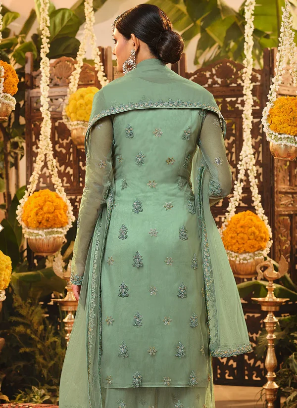 Sea Green Embroidered Jacket Style Palazzo Suit