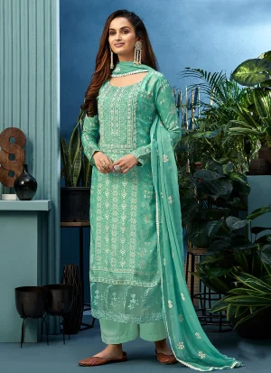 Sea Green Pearl Embroidered Palazzo Suit