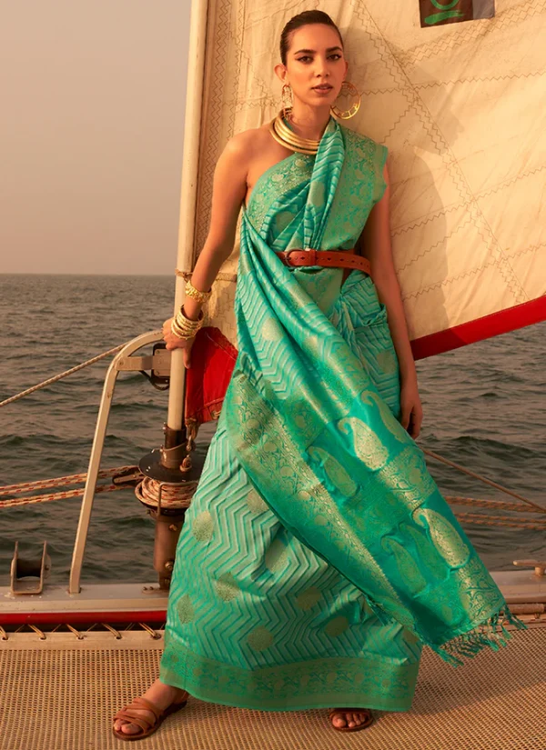 Sea Green Two Tone Zari Weaved Satin Silk Saree