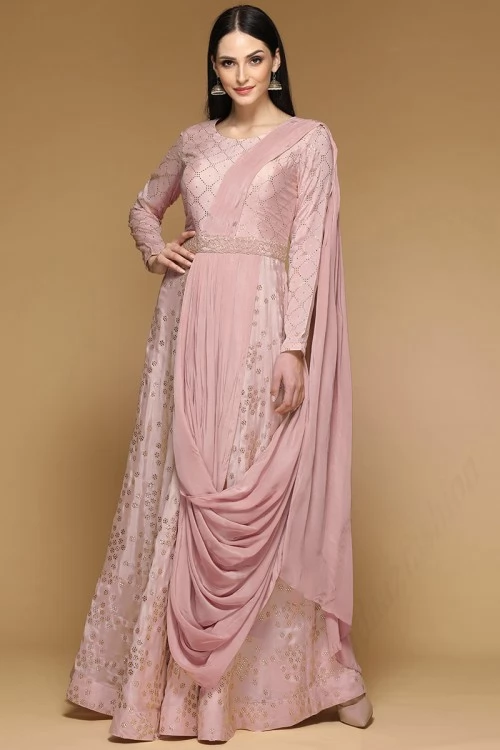 Silk Anarkali Gown In Dusty Pink Color 1