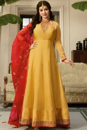 Silk Anarkali Suit In Yellow Color With Resham Work 1