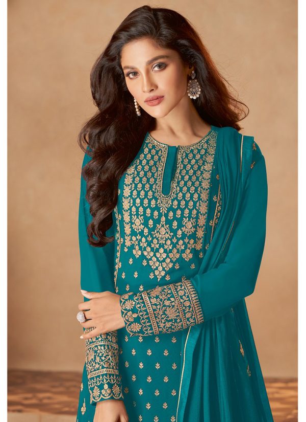 Sky Blue Georgette Embroidered N Stones Sharara suit Party Wear