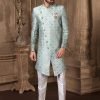 Sky Blue Jacquard Silk Brocade Indowestern Sherwani Wedding Wear