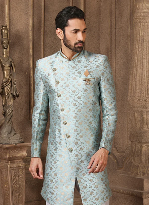 Sky Blue Jacquard Silk Brocade Indowestern Sherwani Wedding Wear