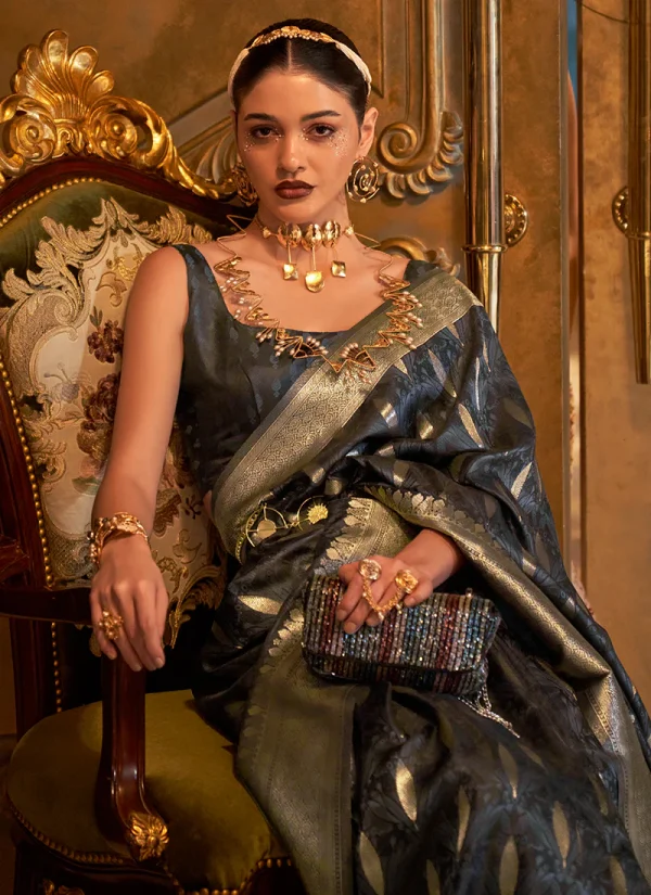 Slate Grey Zari Handloom Weaved Traditional Silk Saree
