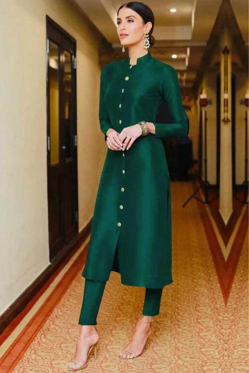 Taffeta Silk Cigarette Pant Suit In Teal Green Colour For Eid