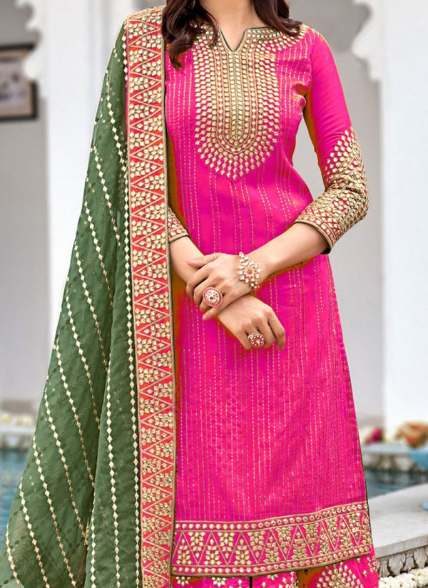 Taffy Pink Georgette Mirror Work Palazzo suit Party Wear