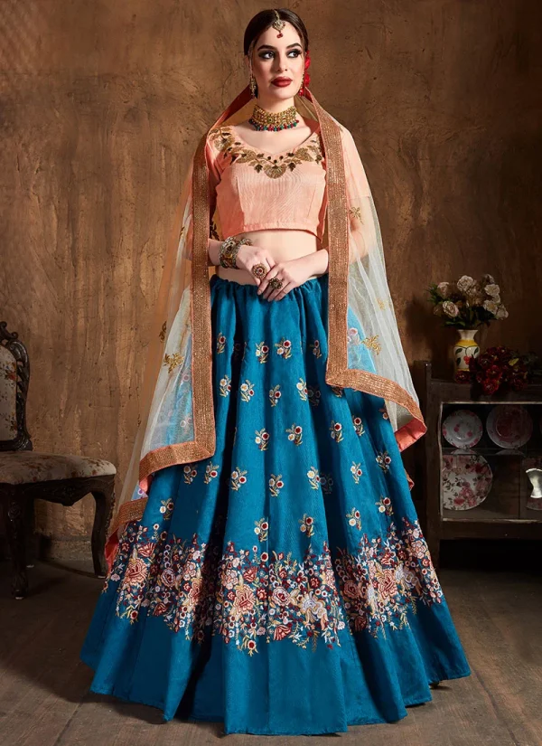 Teal Blue Art Silk A Line Lehenga Wedding Wear