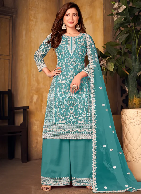 Teal Blue Embroidered Pakistani Palazzo Suit
