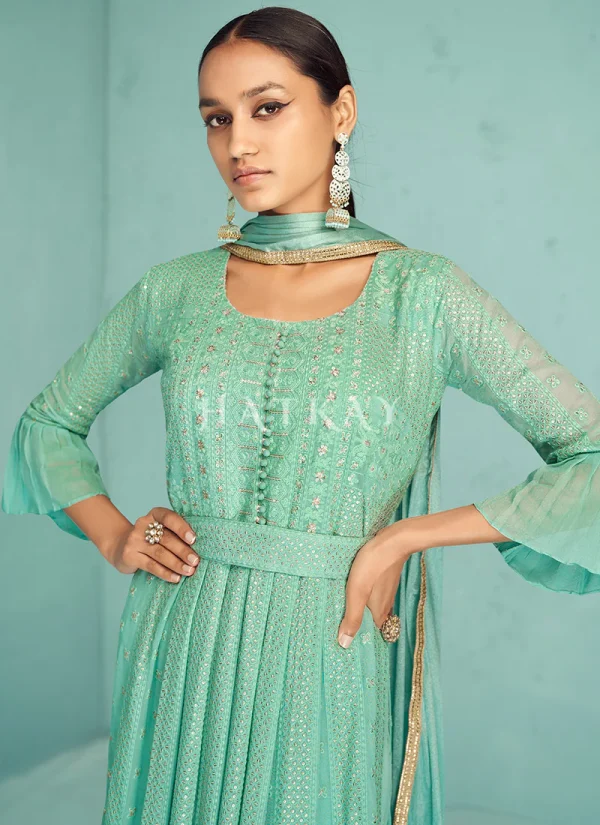 Teal Blue Embroidery Traditional Palazzo Suit