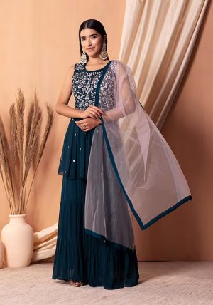 Teal Blue Floral Thread Embroidered Sharara Set With Peplum Kurta And Contrast Dupatta